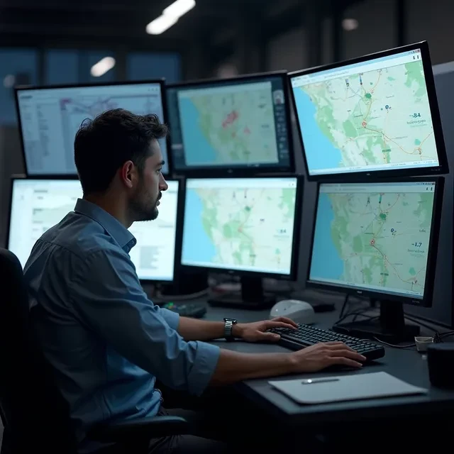 Dispatcher monitoring freight routes and logistics data