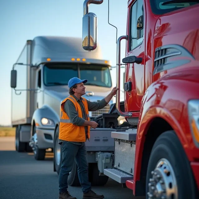 Driver beside a fleet of commercial trucks