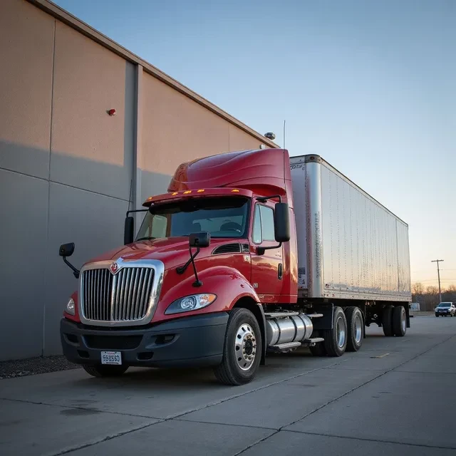 Red commercial semi-truck parked beside an industrial building