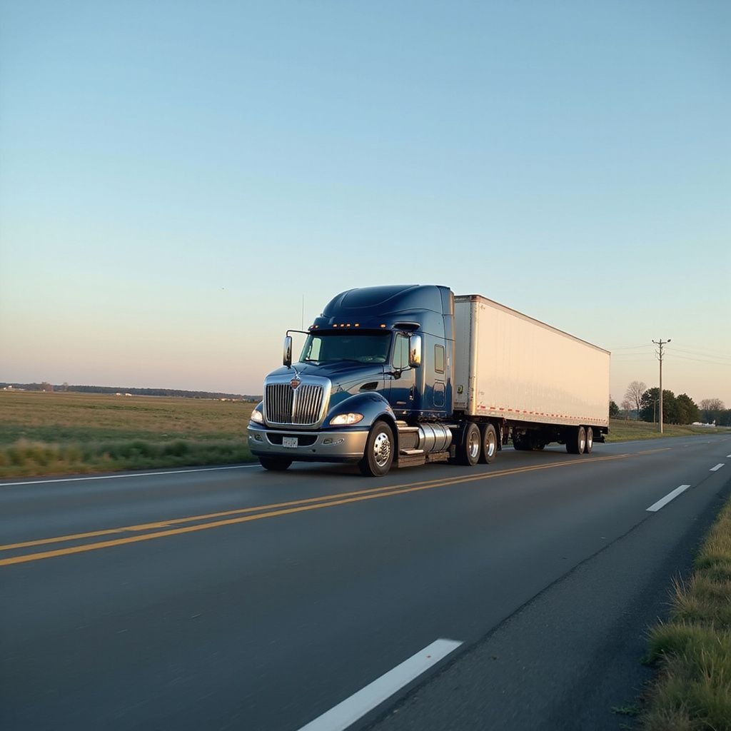 Semi-truck and trailer traveling along a rural highway