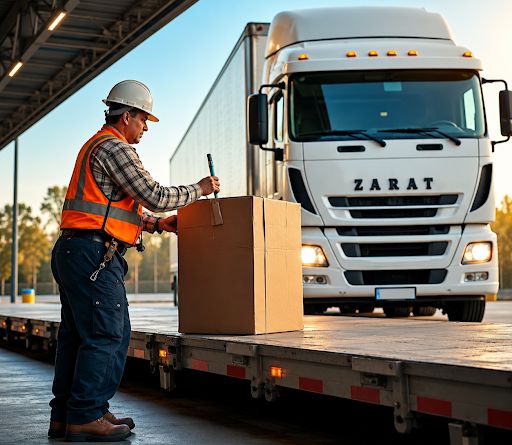 Worker loading freight onto a truck for reliable trucking services in Detroit, MI, at a commercial shipping facility.