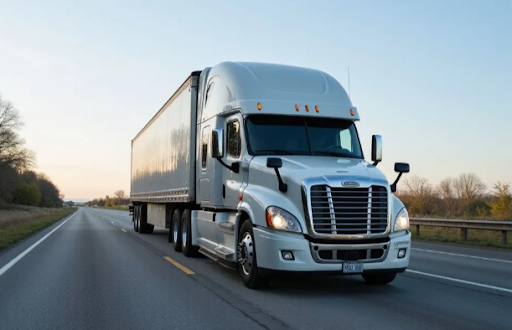 Freight truck providing truck hauling services on a highway in Detroit, MI.